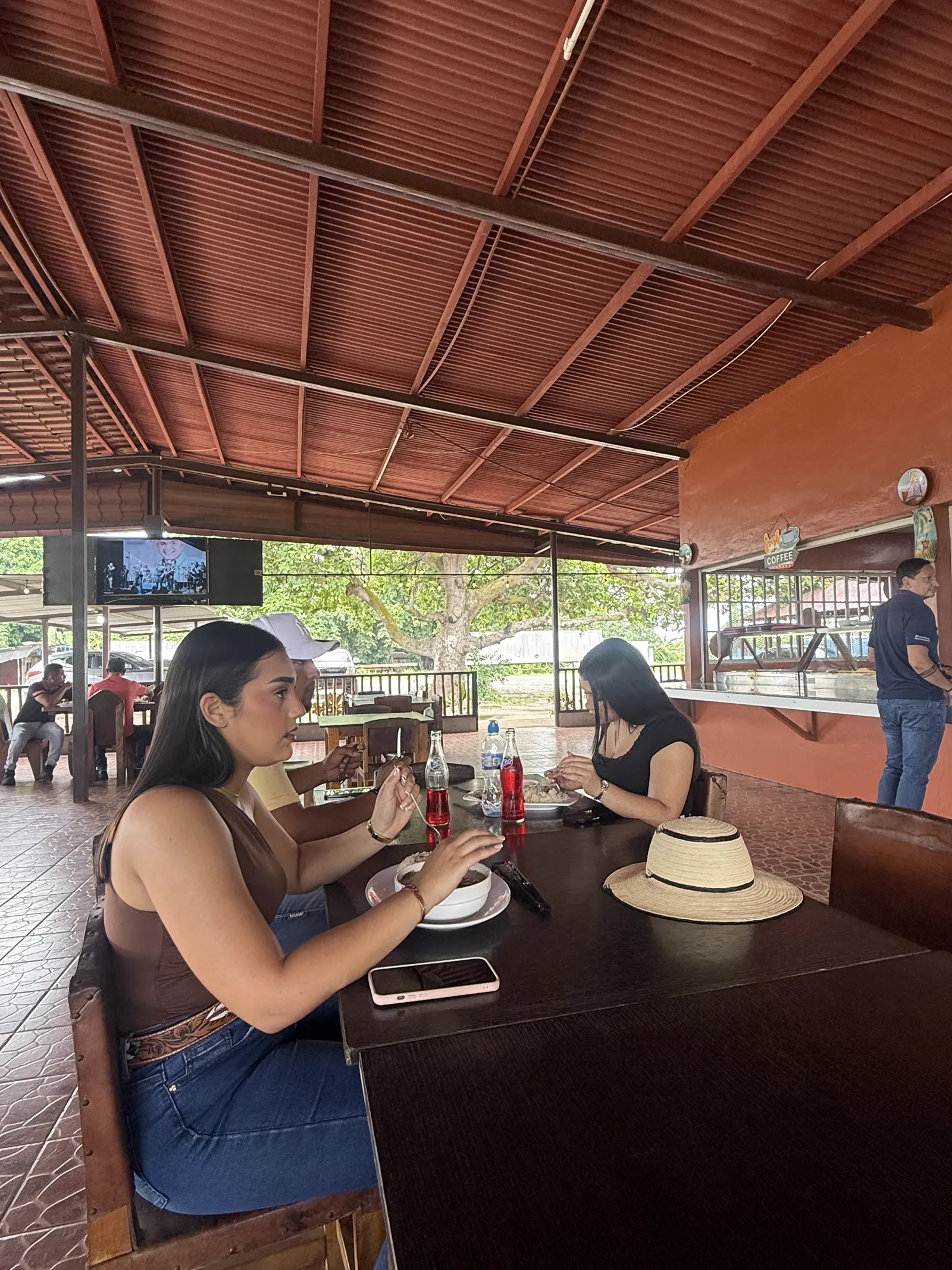 Grupo comiendo en una mesa con sombrero de paja y refrescos, televisor con música de fondo